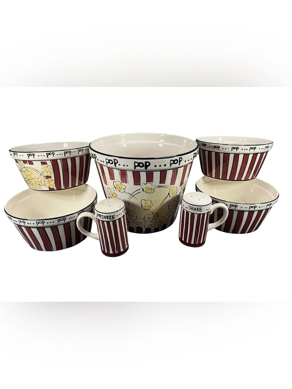 Ceramic 7 Piece Popcorn Family Set - Tub, Bowls, Salt Shakers Kitchen Prep 101